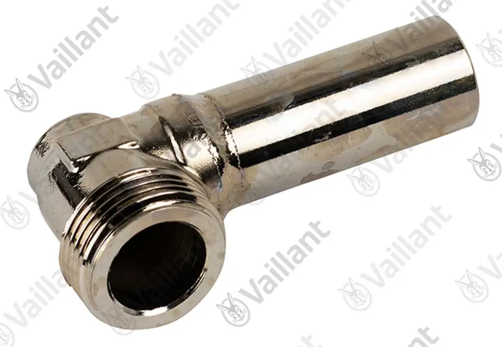 Vaillant Anschlussstück mit einem gewindeten Ende und einem schrägen Verbindungsteil für Rohrleitungen. Metallische Oberfläche, ausgeschnittenes Ende.